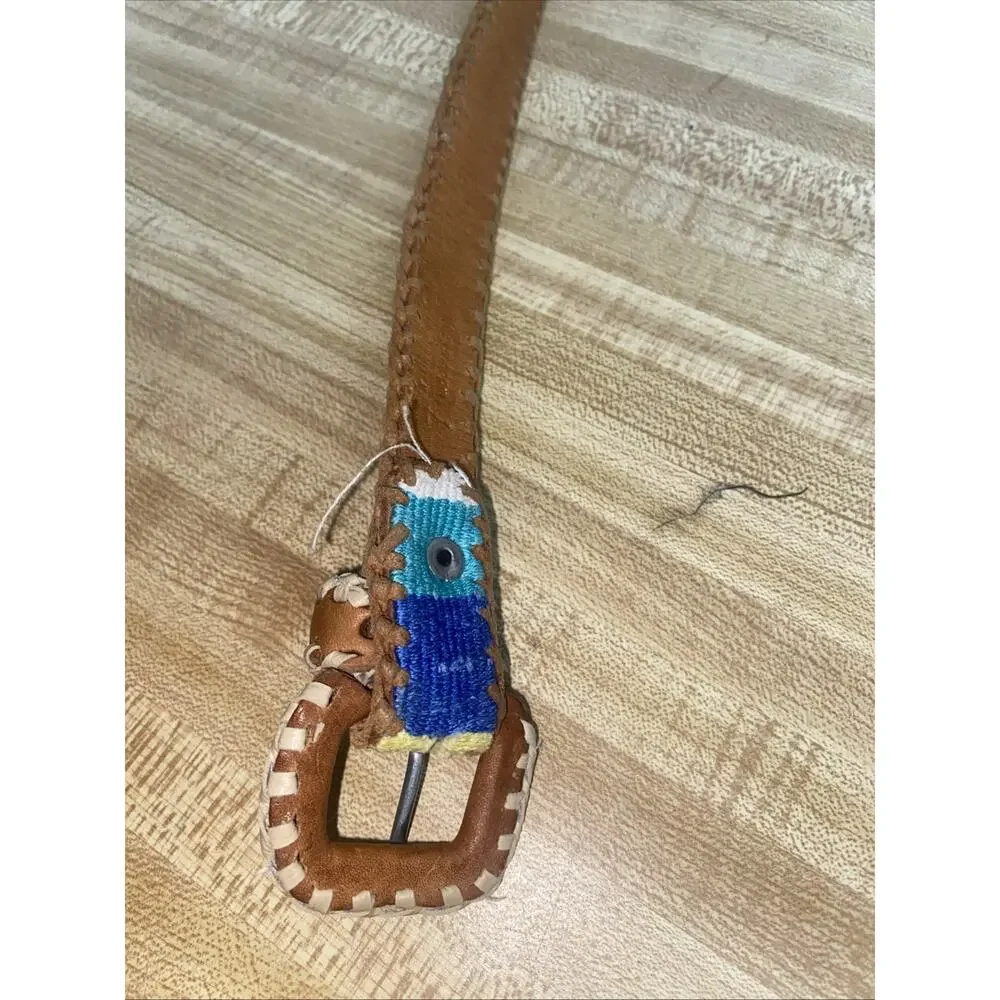 Vintage Leather Woven Belt Guatemala Rainbow Whip Stitch Geometric Western 32”